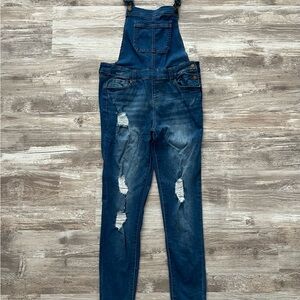 Juniors Ankle Length Skinny Leg Distressed Denim Overalls, Size Medium